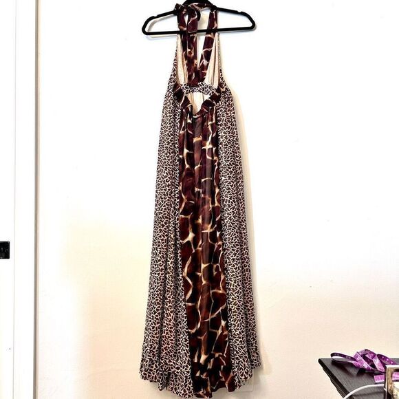 Y2K Chiffon MODA International Women Maxi Dress Long Halter Neck Animal Print M - Picture 6 of 7